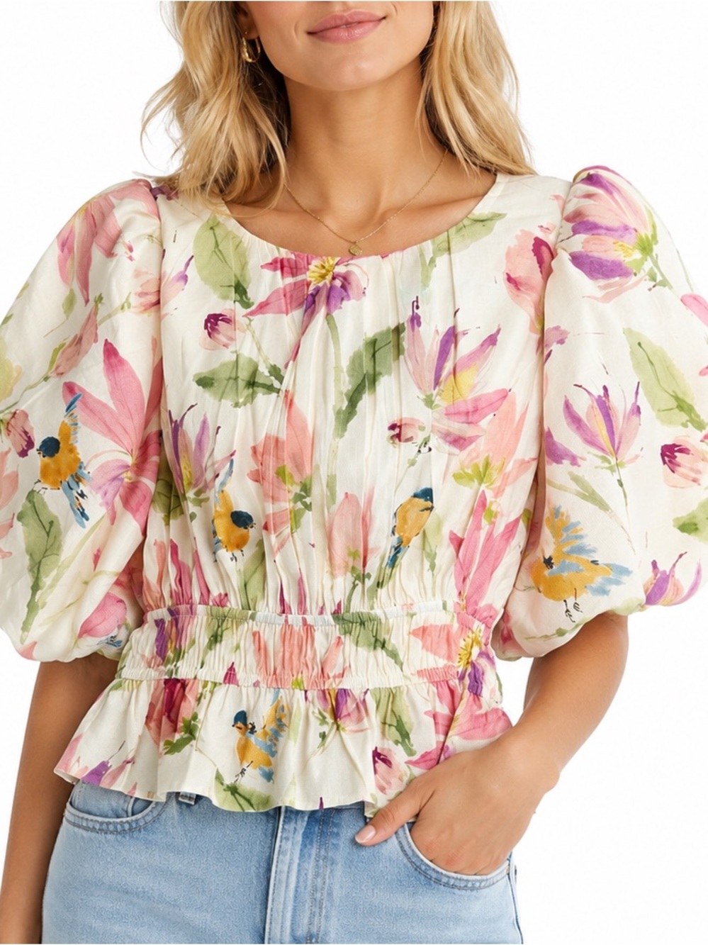 Joie Floral Puff Sleeve Peplum Blouse XS Bird Print Smocked Waist Cottagecore